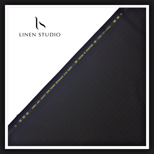 Super 150's Australian Merino Wool by Vercelli - Deep Blue with Dotted Blue Stripes (NEW) (Zoom In)