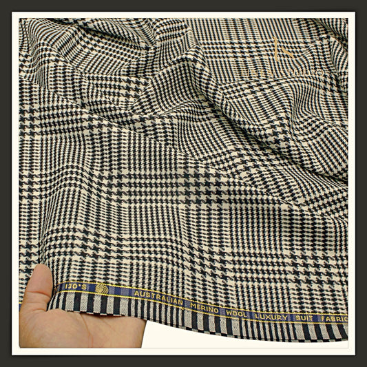 Vercelli Italy Harmony 130's 70% Australian Merino Wool Rich Suiting - Black & Cream Prince of Wales Checks (Latest Collection)