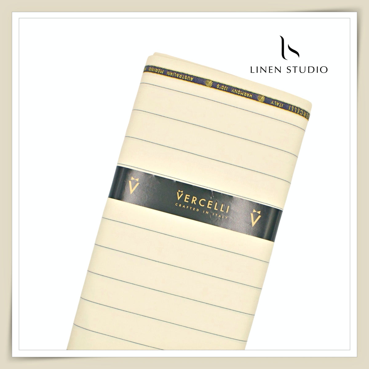 Vercelli Italy Harmony 130's 70% Australian Merino Wool Rich Suiting - Ivory Cream with 3.10 Cms Navy Pinstripe (Latest Collection)