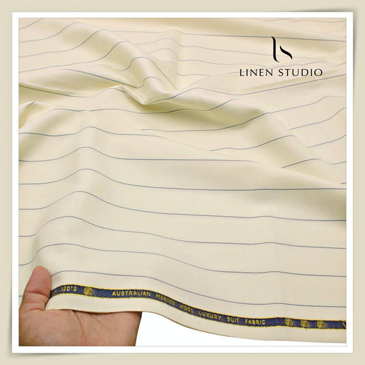 Vercelli Italy Harmony 130's 70% Australian Merino Wool Rich Suiting - Ivory Cream with 3.10 Cms Navy Pinstripe (Latest Collection)