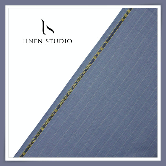 Vercelli Italy Harmony 130's 70% Australian Merino Wool Rich Suiting - Steel Blue with 2.30 Cms White Pinstripe (Latest Collection)