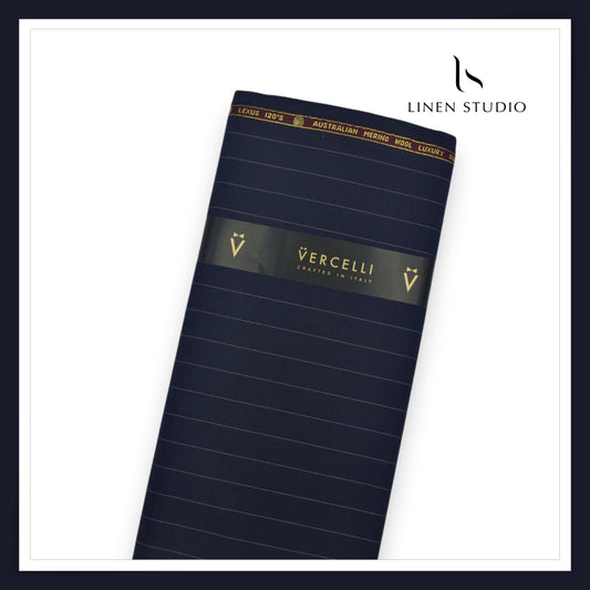 120's Australian Merino Wool by Vercelli - Midnight Blue with Classic Stripes (NEW) (Most Liked)