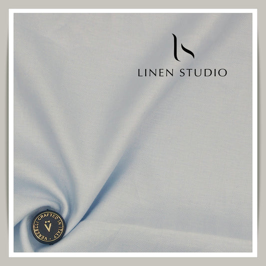 80 Lea French Linen Shirting by Vercelli Italy - Sky Blue HERRINGBONE Pattern (Zoom In) (NEW)