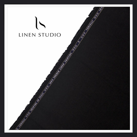 80 Lea French Linen Shirting by Vercelli Italy - Jet Black HERRINGBONE Pattern (Zoom In) (NEW)