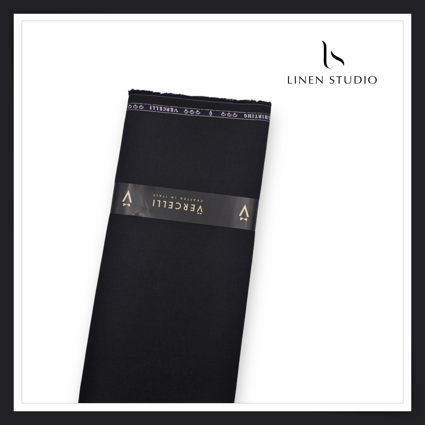 80 Lea French Linen Shirting by Vercelli Italy - Jet Black HERRINGBONE Pattern (Zoom In) (NEW)