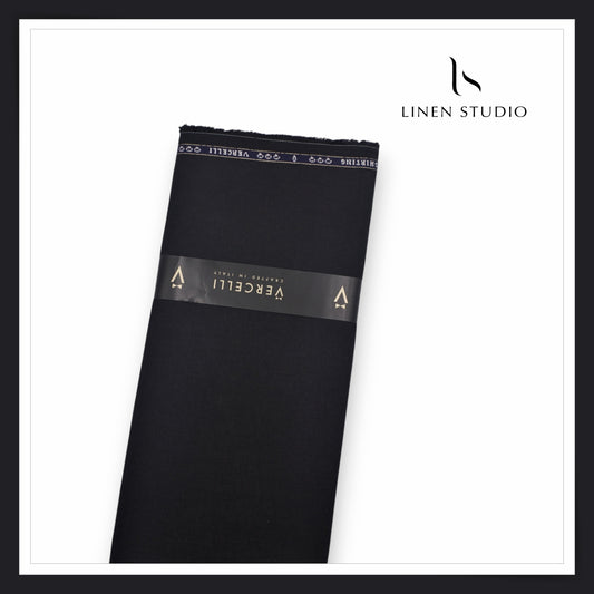 80 Lea French Linen Shirting by Vercelli Italy - Jet Black HERRINGBONE Pattern (Zoom In) (NEW)