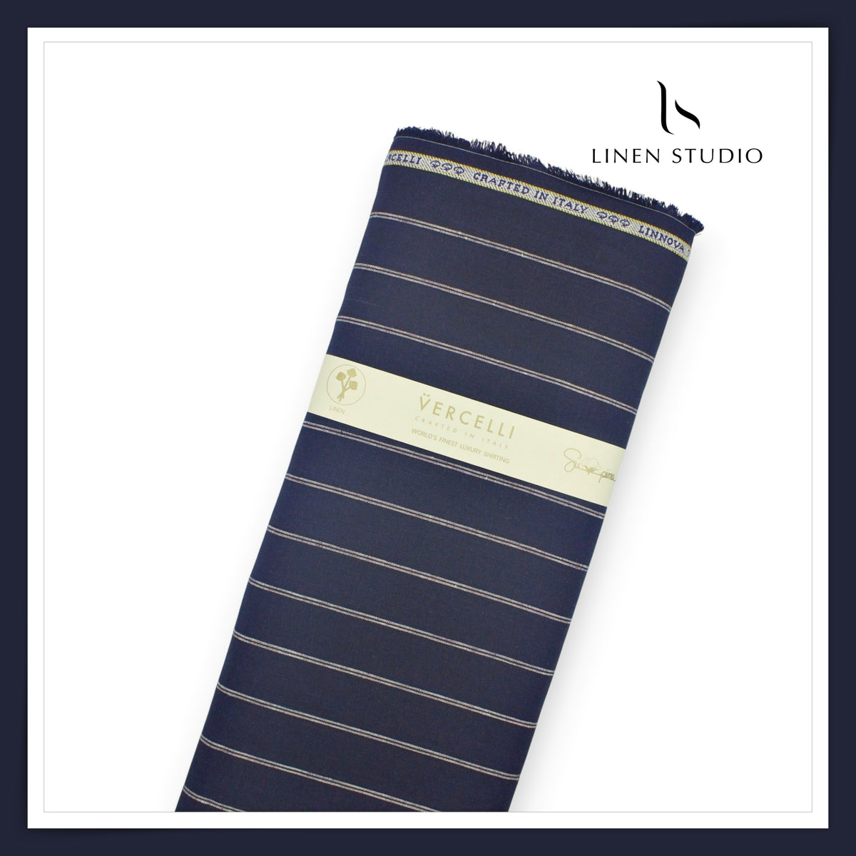 Pure Linen 70 Lea French Shirting by Vercelli Italy - Midnight Navy with Ivory Pinstripes (NEW)