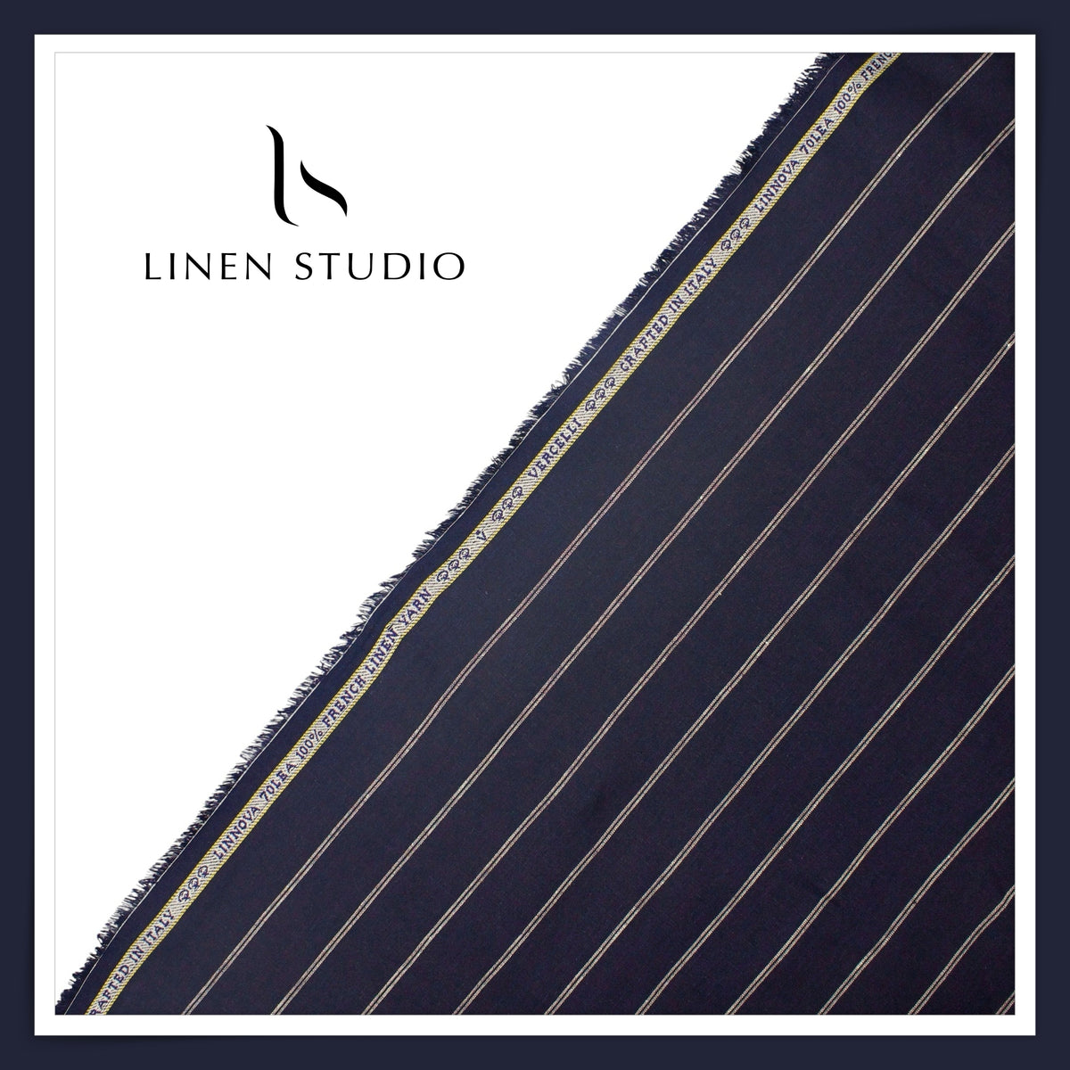 Pure Linen 70 Lea French Shirting by Vercelli Italy - Midnight Navy with Ivory Pinstripes (NEW)
