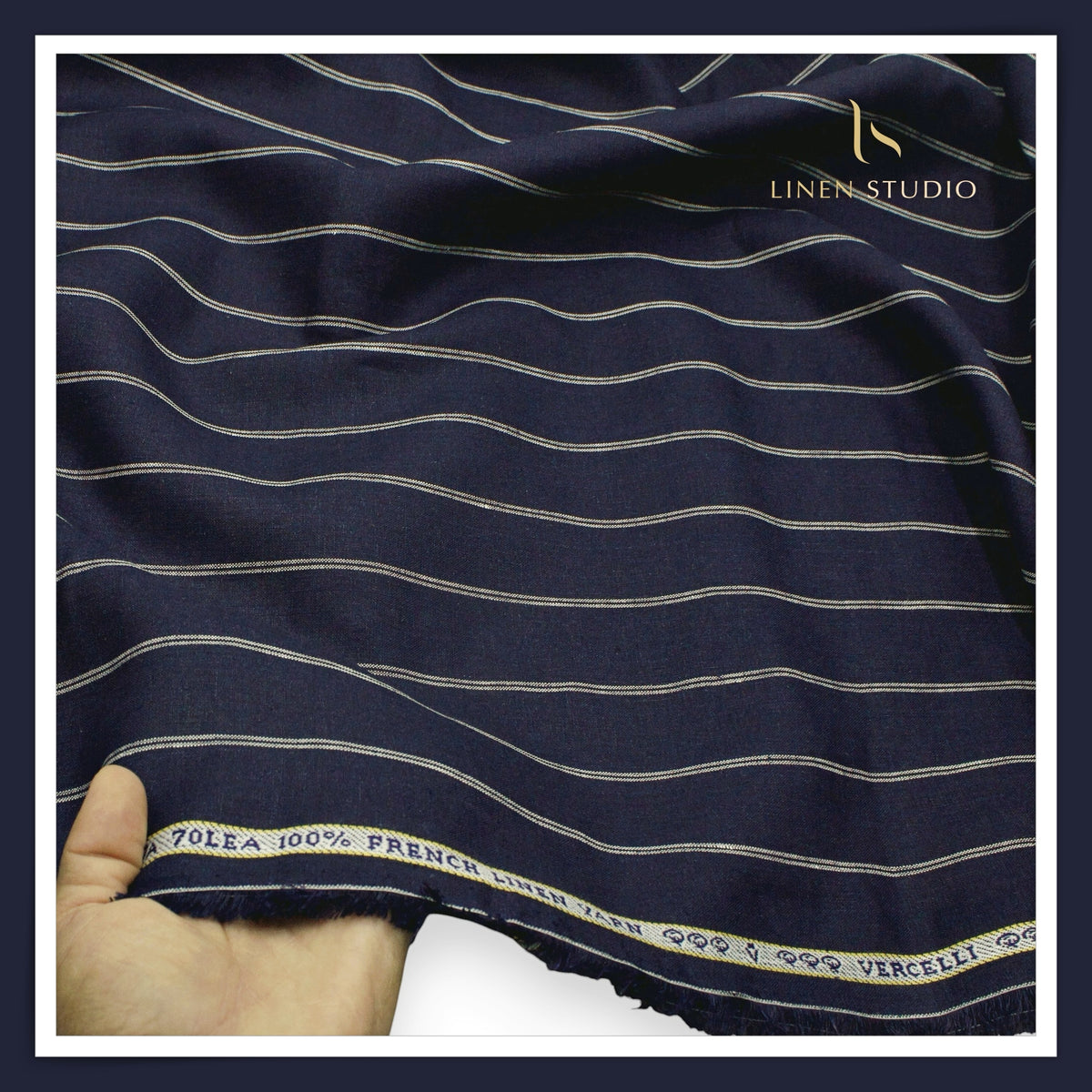 Pure Linen 70 Lea French Shirting by Vercelli Italy - Midnight Navy with Ivory Pinstripes (NEW)