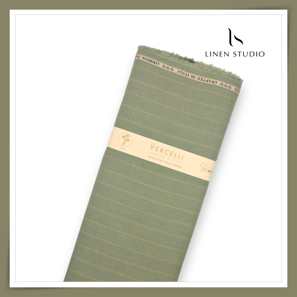 Pure Linen 70 Lea French Shirting by Vercelli Italy - Sage Green with Light Golden Stripes (NEW)