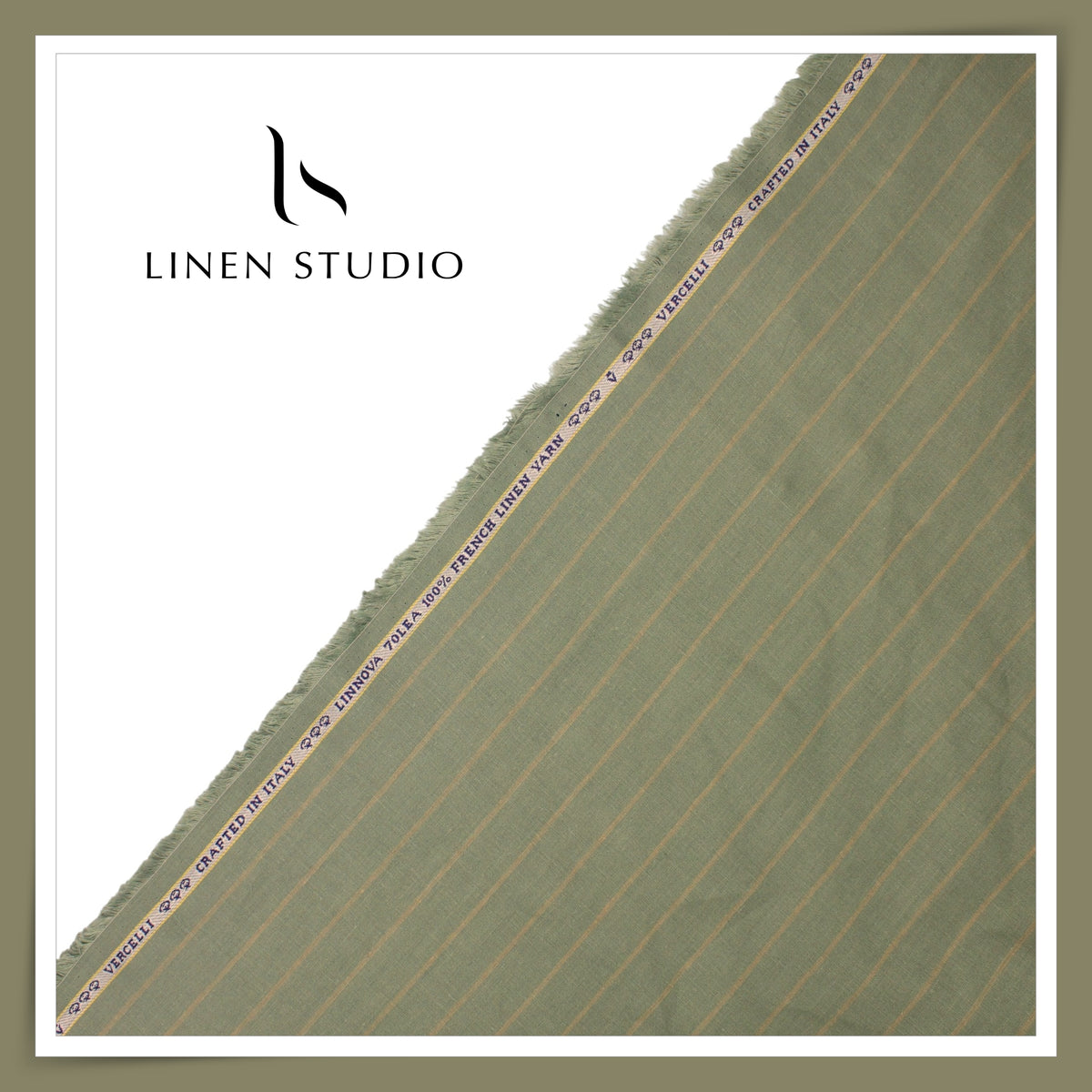 Pure Linen 70 Lea French Shirting by Vercelli Italy - Sage Green with Light Golden Stripes (NEW)