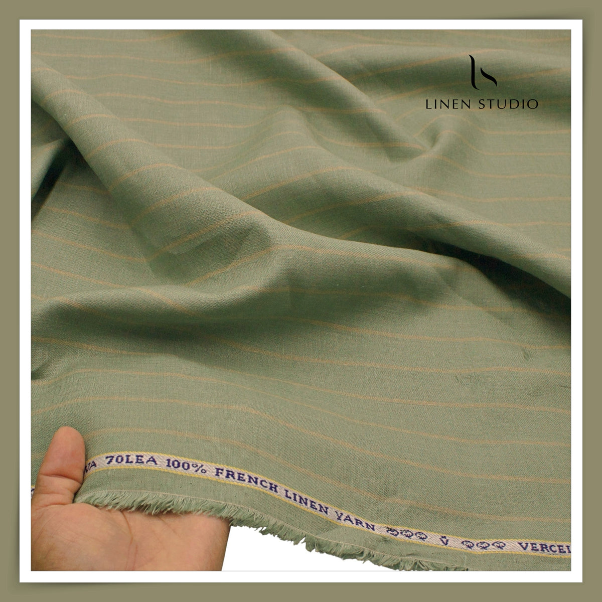 Pure Linen 70 Lea French Shirting by Vercelli Italy - Sage Green with Light Golden Stripes (NEW)