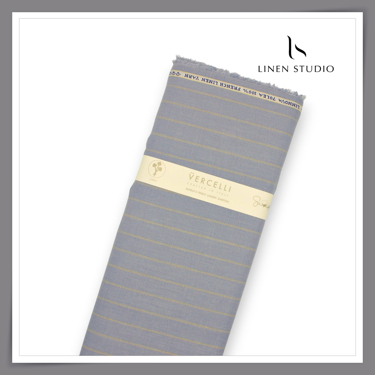 Pure Linen 70 Lea French Shirting by Vercelli Italy - Santa Grey with Light Golden Stripes (NEW)
