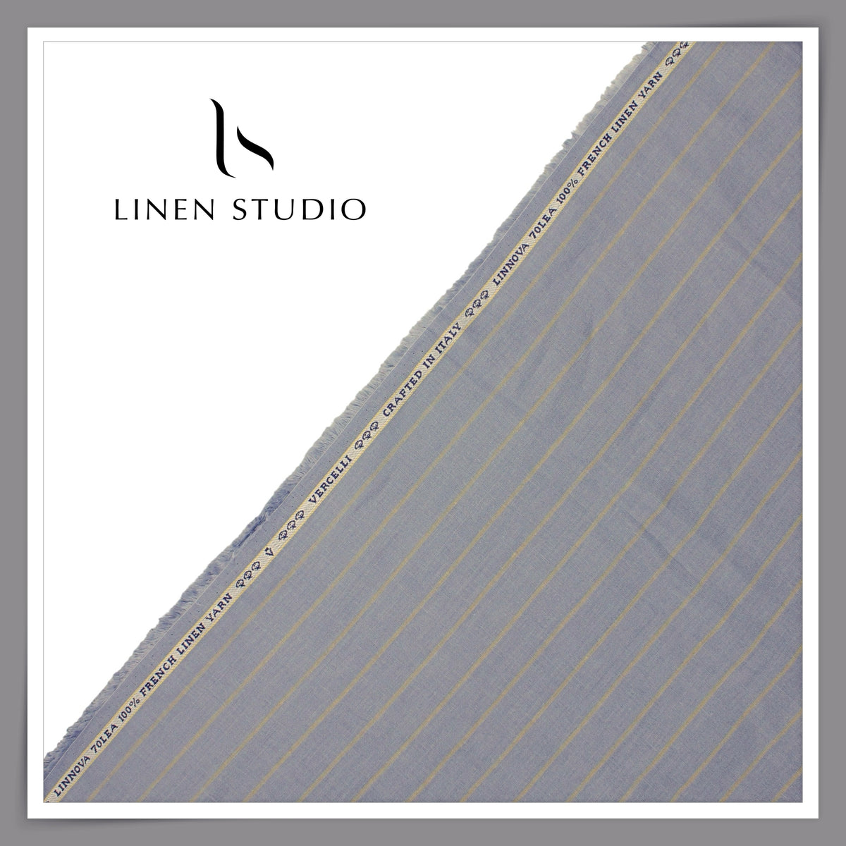 Pure Linen 70 Lea French Shirting by Vercelli Italy - Santa Grey with Light Golden Stripes (NEW)