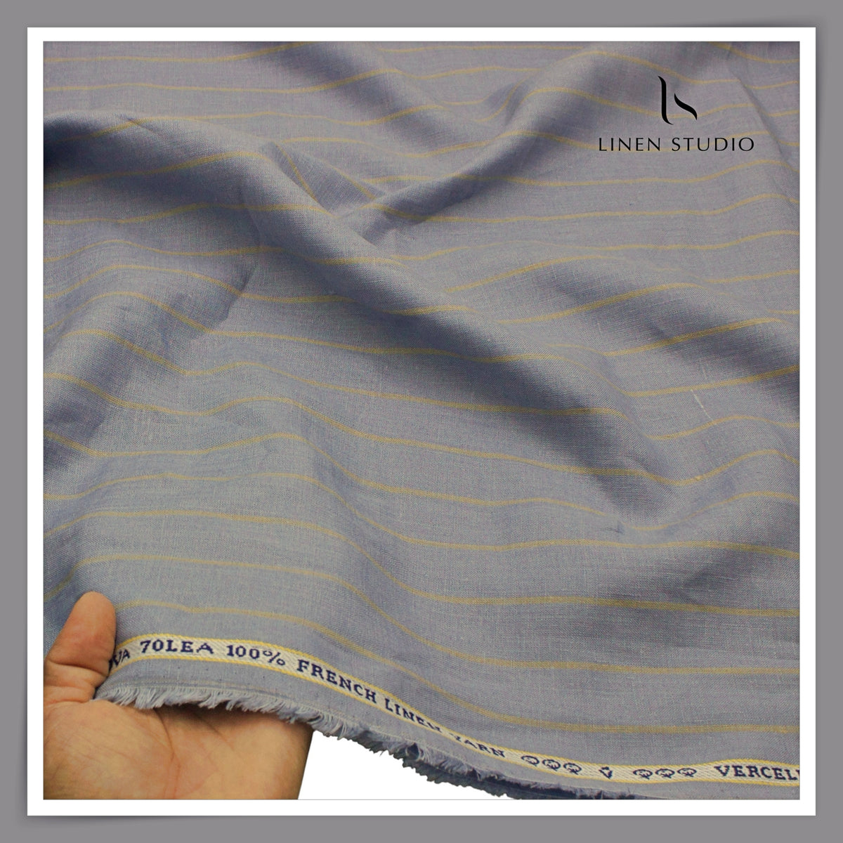 Pure Linen 70 Lea French Shirting by Vercelli Italy - Santa Grey with Light Golden Stripes (NEW)