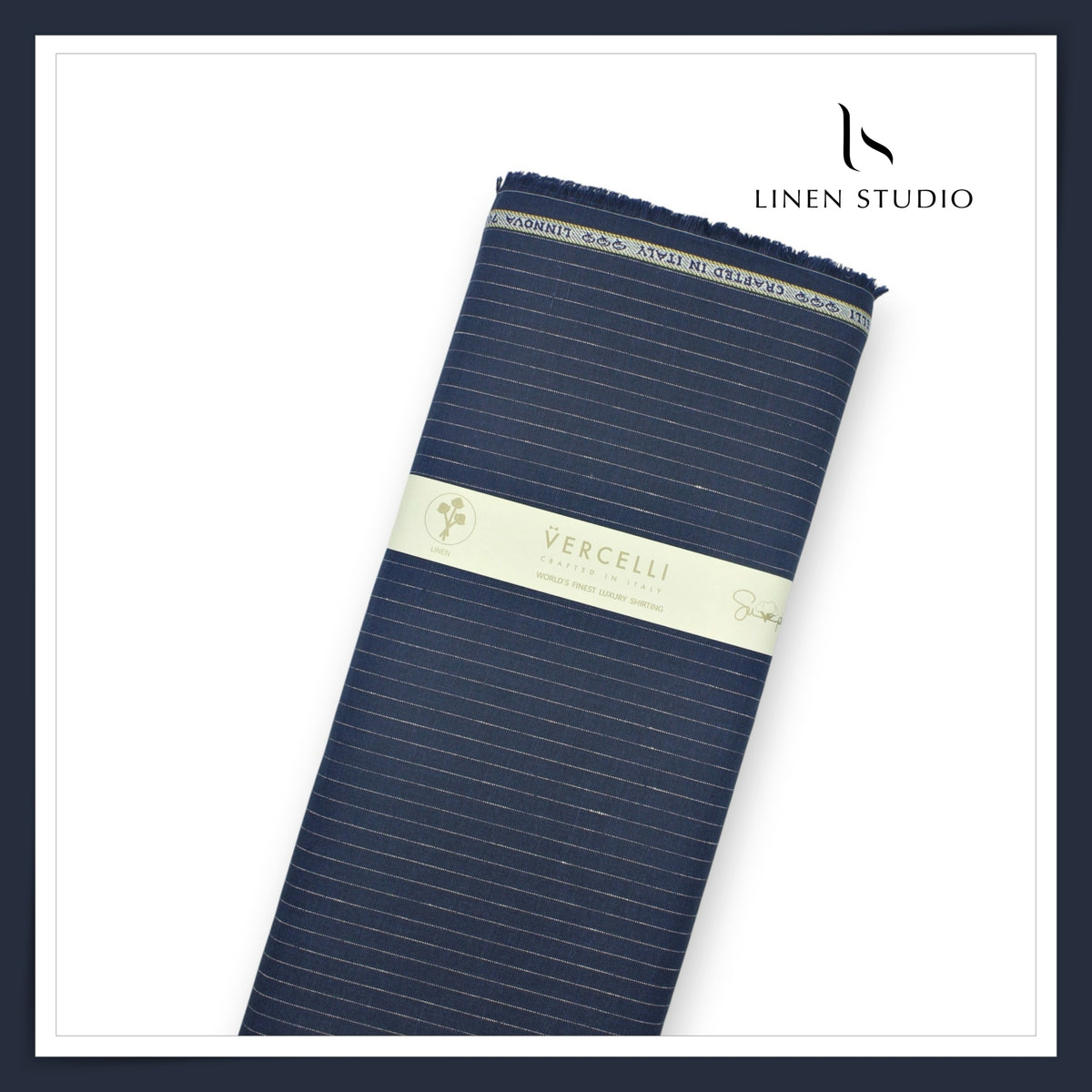 Pure Linen 70 Lea French Shirting by Vercelli Italy - Dark Tuna Blue & White Dotted Stripes (NEW)