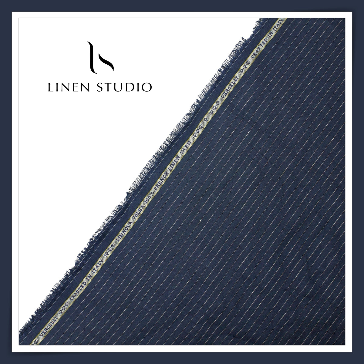 Pure Linen 70 Lea French Shirting by Vercelli Italy - Dark Tuna Blue & White Dotted Stripes (NEW)