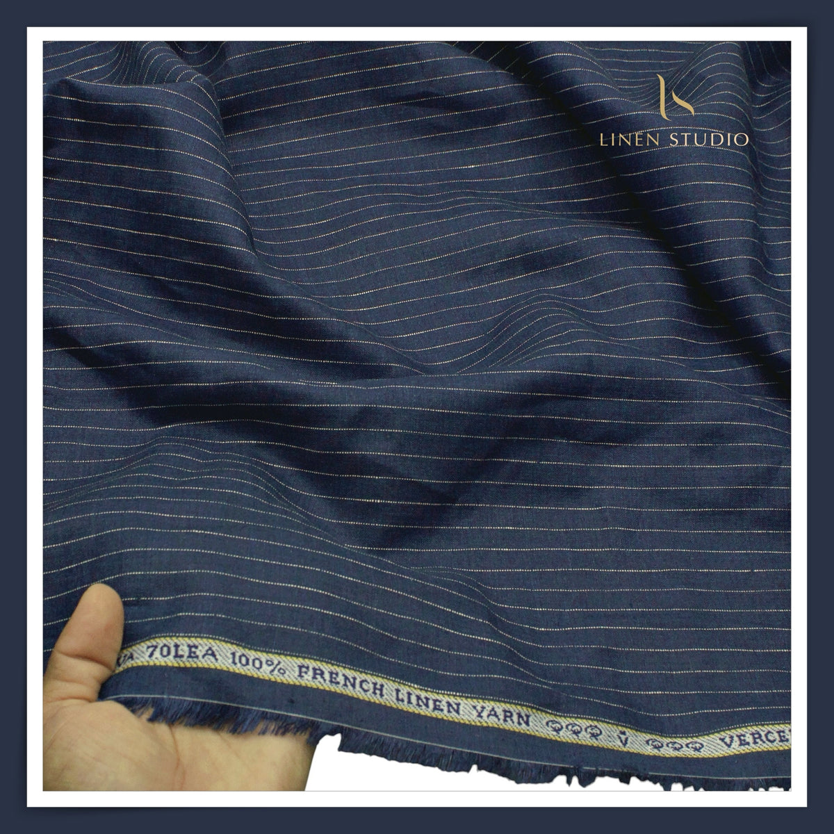 Pure Linen 70 Lea French Shirting by Vercelli Italy - Dark Tuna Blue & White Dotted Stripes (NEW)