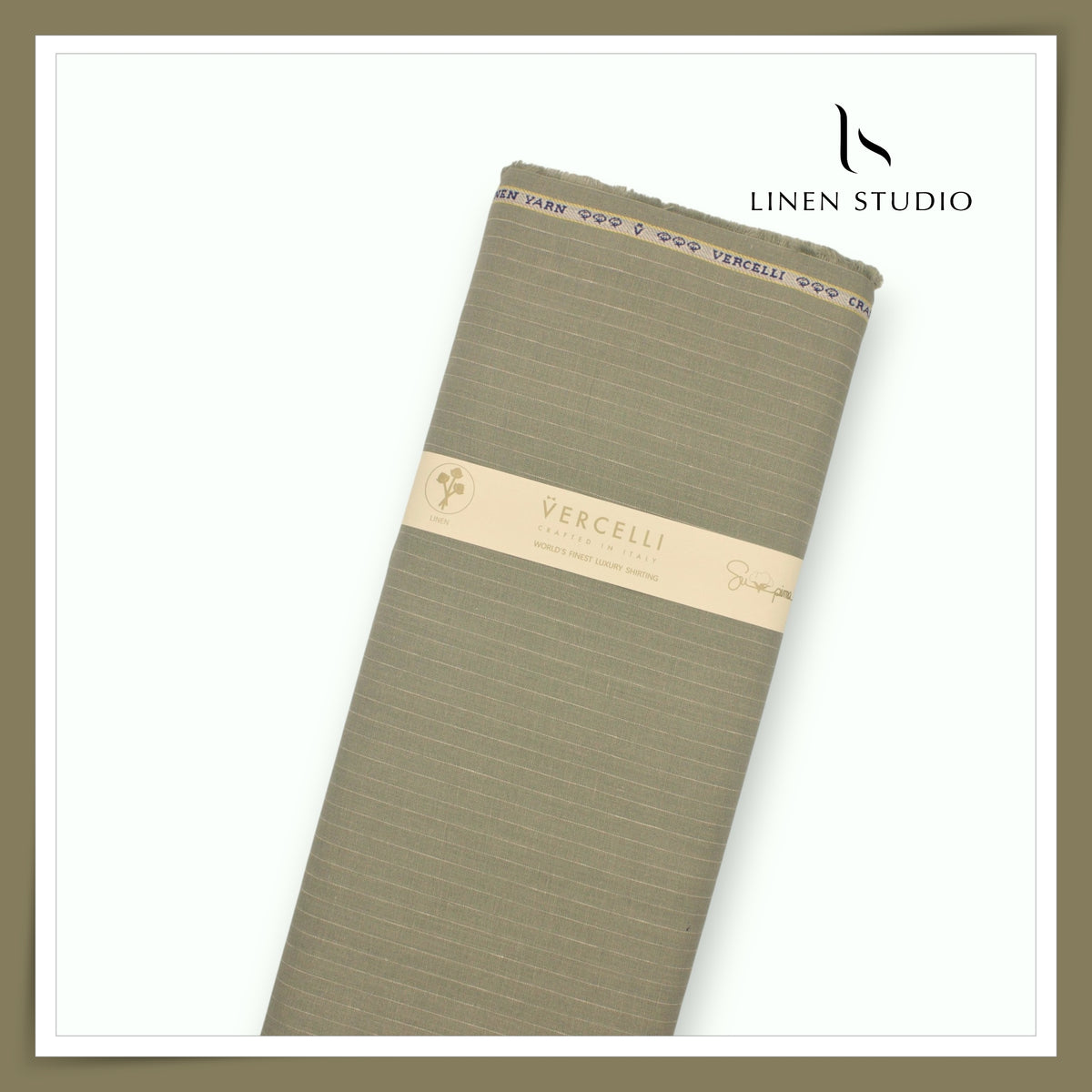 Pure Linen 70 Lea French Shirting by Vercelli Italy - Clay Green/Brown & White Dotted Stripes (NEW)