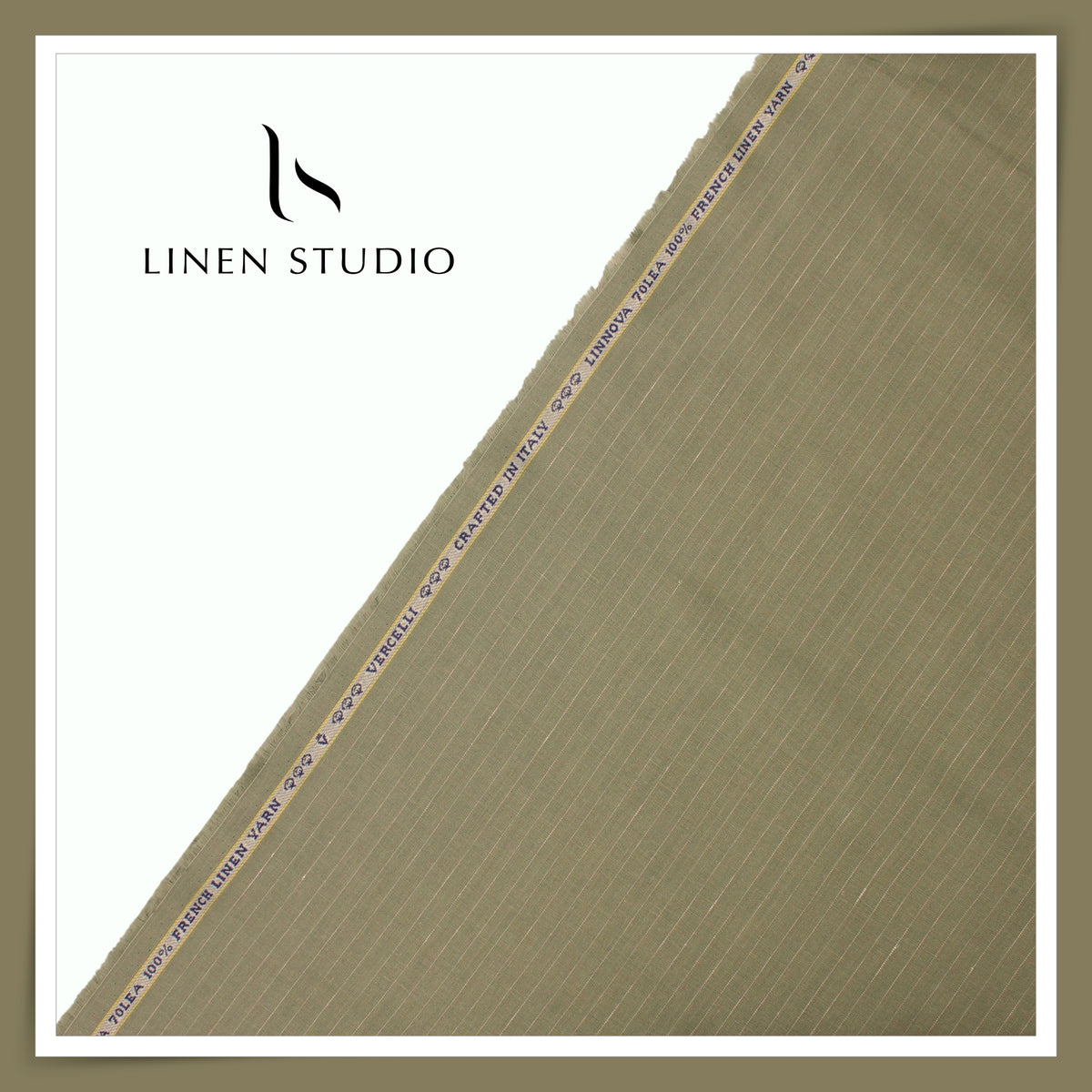 Pure Linen 70 Lea French Shirting by Vercelli Italy - Clay Green/Brown & White Dotted Stripes (NEW)