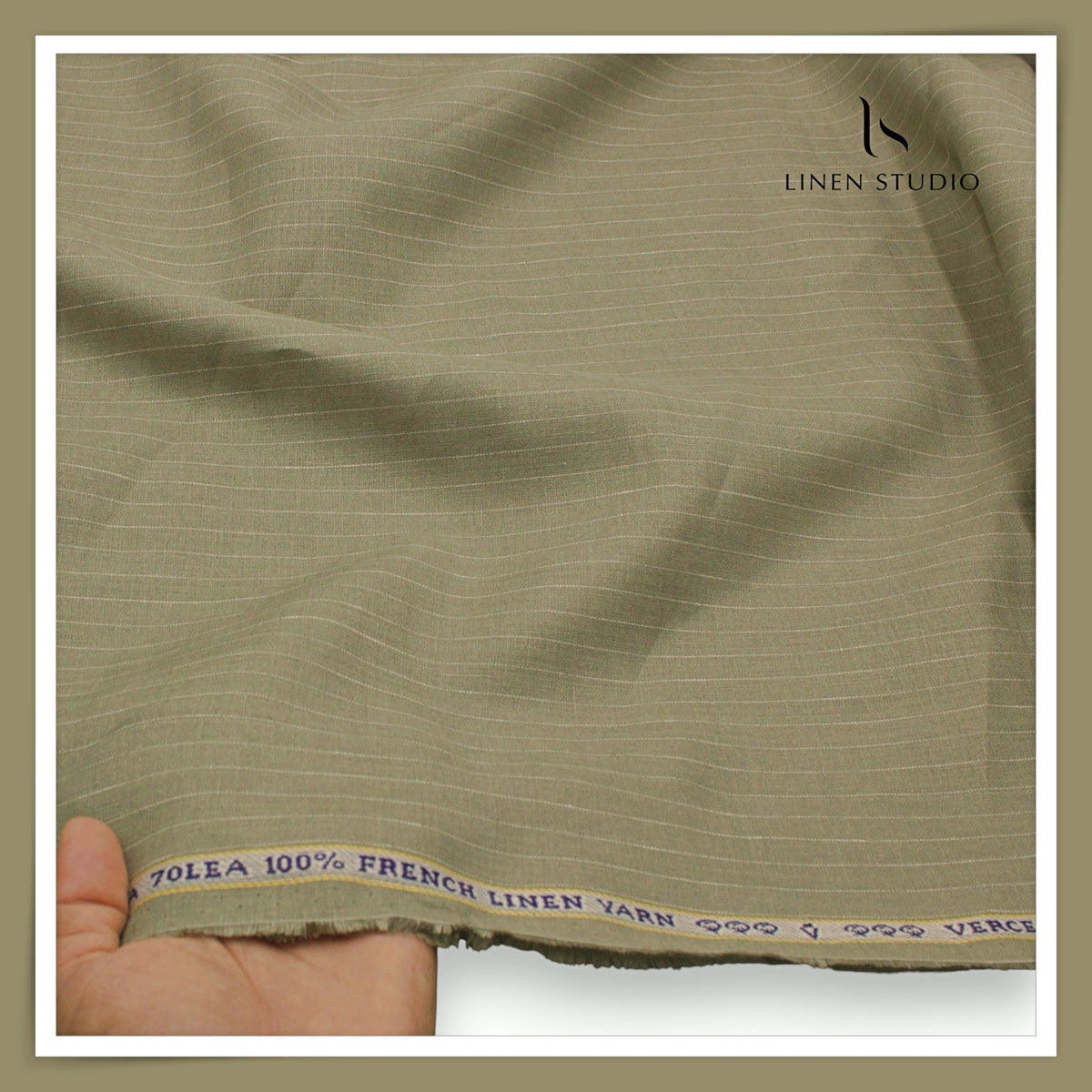 Pure Linen 70 Lea French Shirting by Vercelli Italy - Clay Green/Brown & White Dotted Stripes (NEW)
