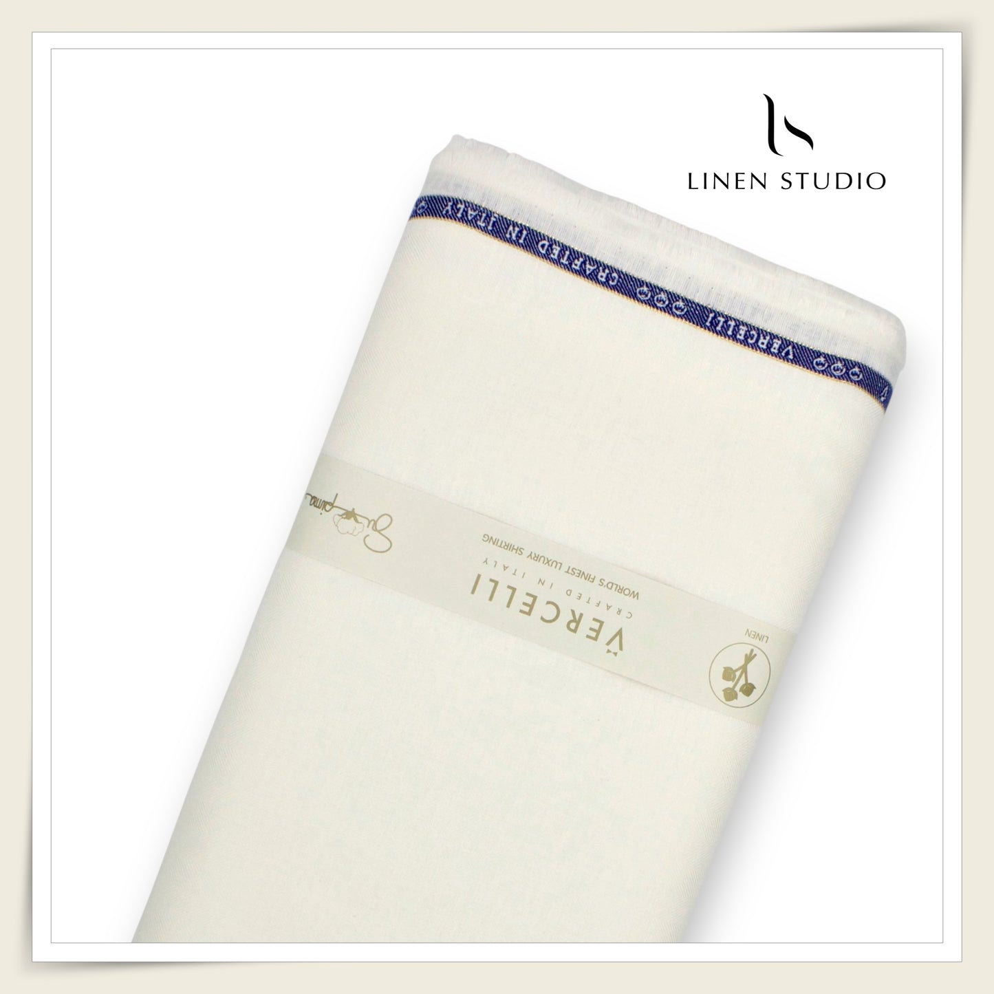 80 Lea French Linen Shirting by Vercelli Italy - Milk White HERRINGBONE Pattern (Zoom In) (NEW)