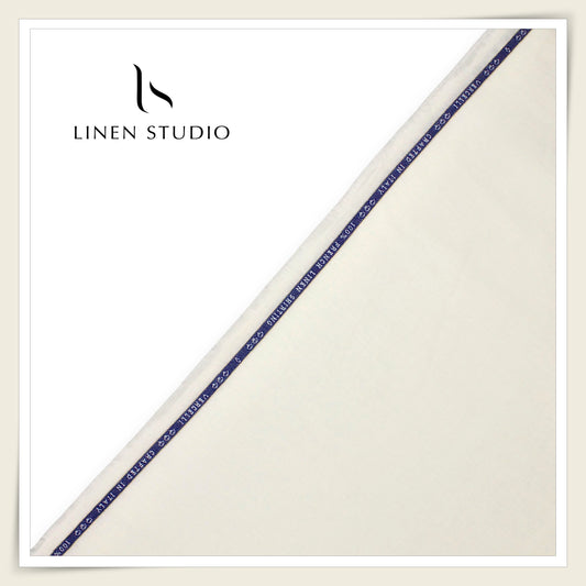 80 Lea French Linen Shirting by Vercelli Italy - Milk White HERRINGBONE Pattern (Zoom In) (NEW)