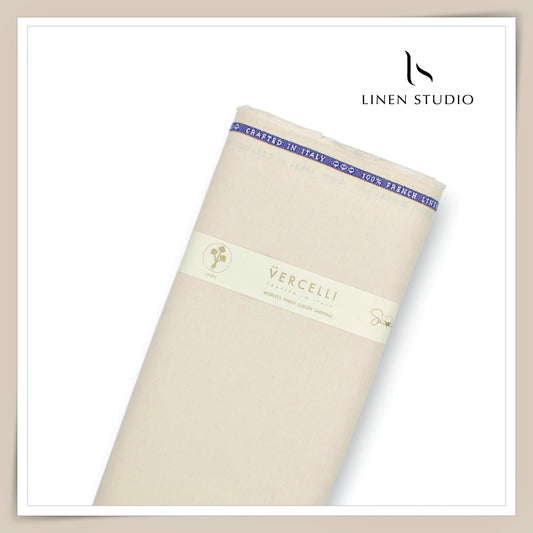 80 Lea French Linen Shirting by Vercelli Italy - Beige HERRINGBONE Pattern (Zoom In) (NEW)