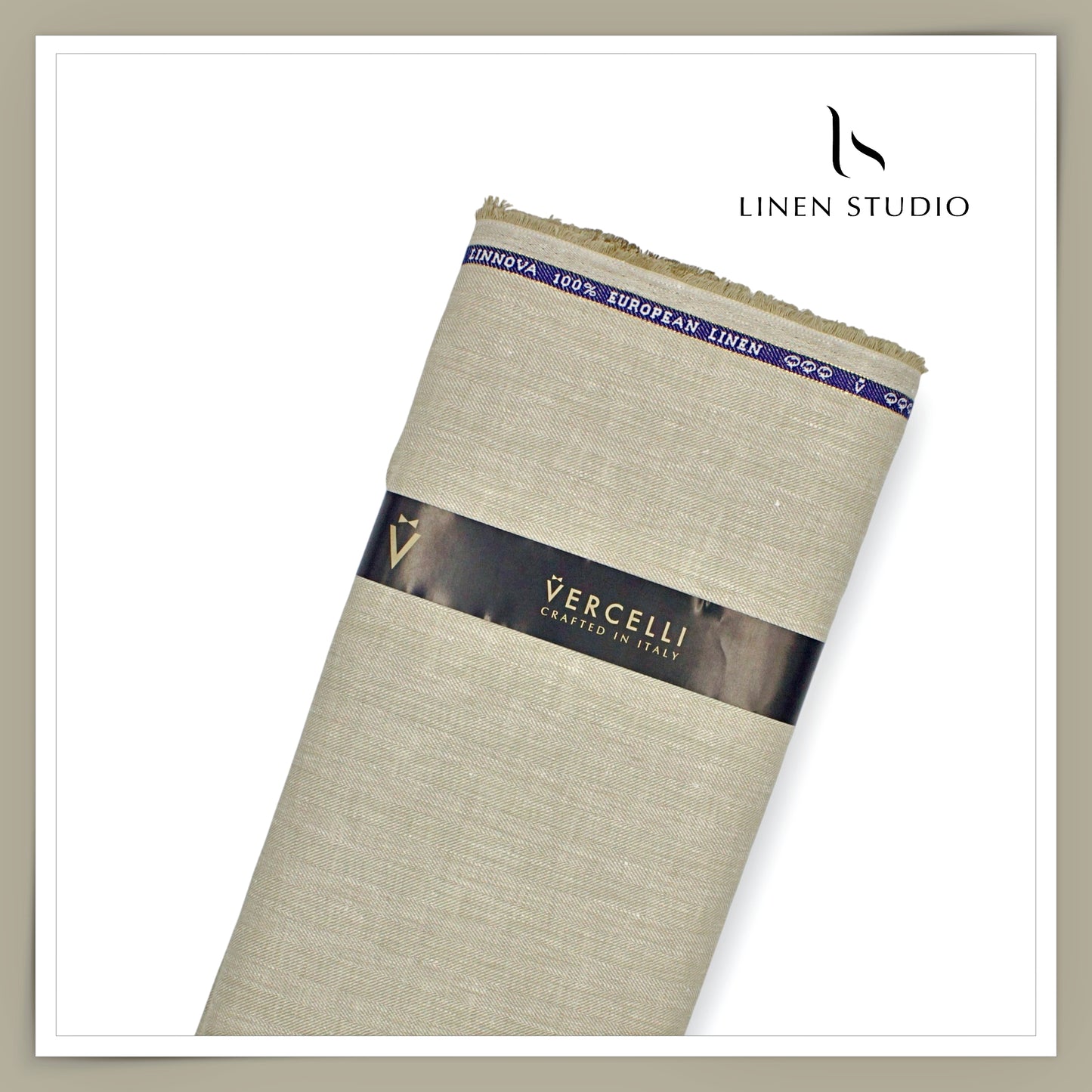 60 Lea French Linen Suiting by Vercelli Italy - Heather Green Herringbone (Zoom In) (Restocked)