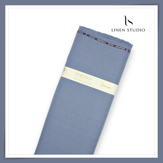 60 Lea French Linen Suiting by Vercelli Italy - French Blue Herringbone (Zoom In) (NEW)