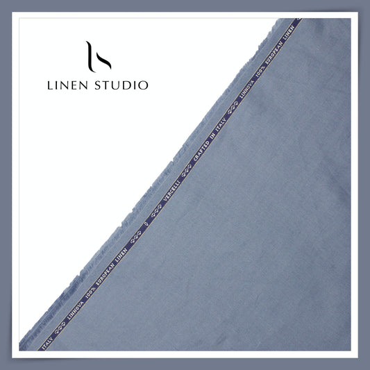 60 Lea French Linen Suiting by Vercelli Italy - French Blue Herringbone (Zoom In) (NEW)