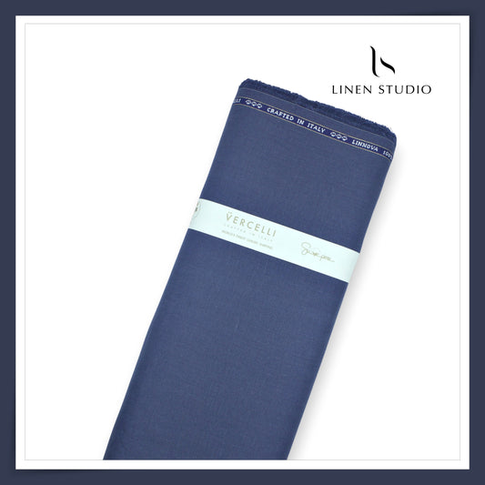 60 Lea French Linen Suiting by Vercelli Italy - Rhino Blue Herringbone (Zoom In) (NEW)