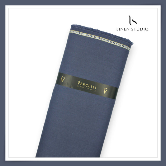 French Linen Suiting by Vercelli Italy 44 Lea - Gun Powder Blue Subtle Herringbone (NEW) (Zoom In)