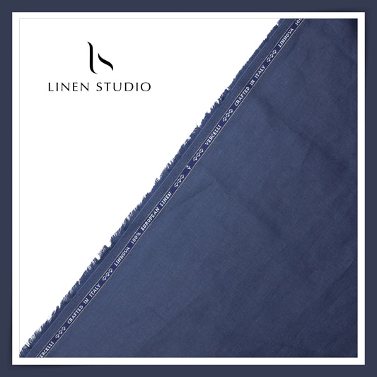 60 Lea French Linen Suiting by Vercelli Italy - Rhino Blue Herringbone (Zoom In) (NEW)