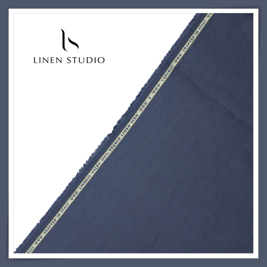 French Linen Suiting by Vercelli Italy 44 Lea - Gun Powder Blue Subtle Herringbone (NEW) (Zoom In)
