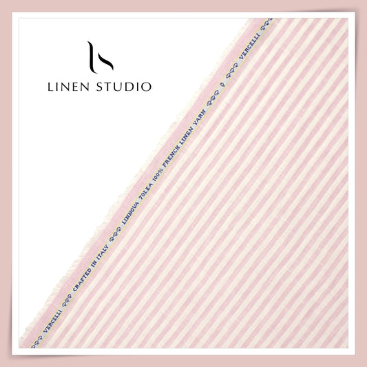 70 Lea Pure French Linen Shirting by Vercelli Italy - Pink with White Awning Stripes (NEW)