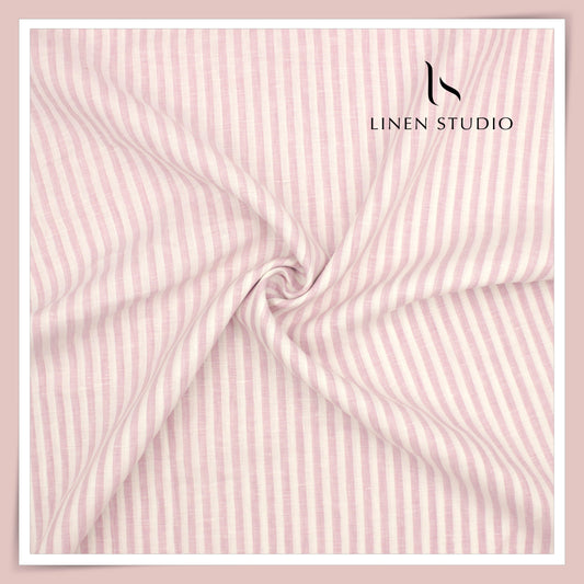 70 Lea Pure French Linen Shirting by Vercelli Italy - Pink with White Awning Stripes (NEW)