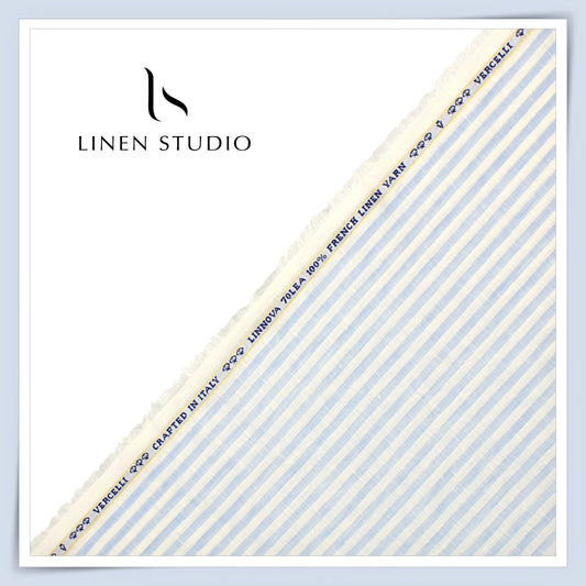 70 Lea Pure French Linen Shirting by Vercelli Italy - Blue with White Awning Stripes (NEW)