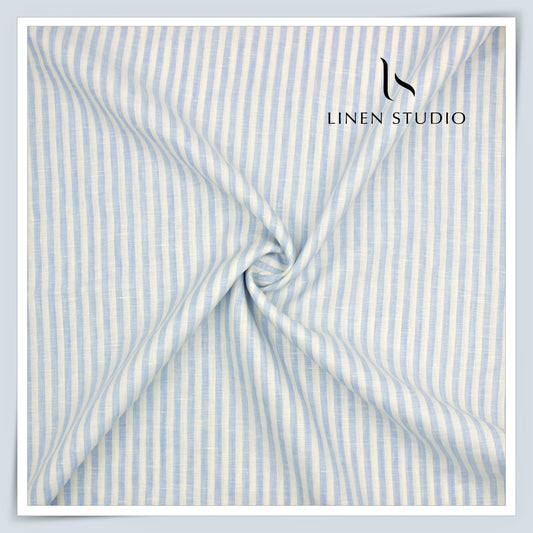 70 Lea Pure French Linen Shirting by Vercelli Italy - Blue with White Awning Stripes (NEW)