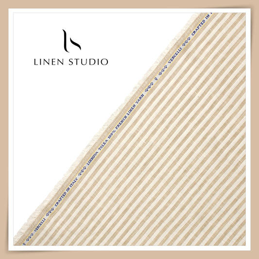 70 Lea Pure French Linen Shirting by Vercelli Italy - Brown with White Awning Stripes (NEW)