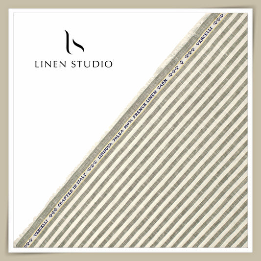 70 Lea Pure French Linen Shirting by Vercelli Italy - Green with White Awning Stripes (NEW)