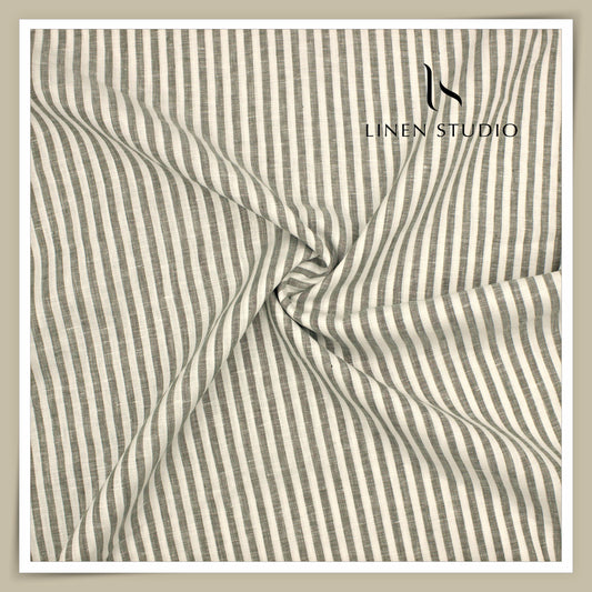 70 Lea Pure French Linen Shirting by Vercelli Italy - Green with White Awning Stripes (NEW)