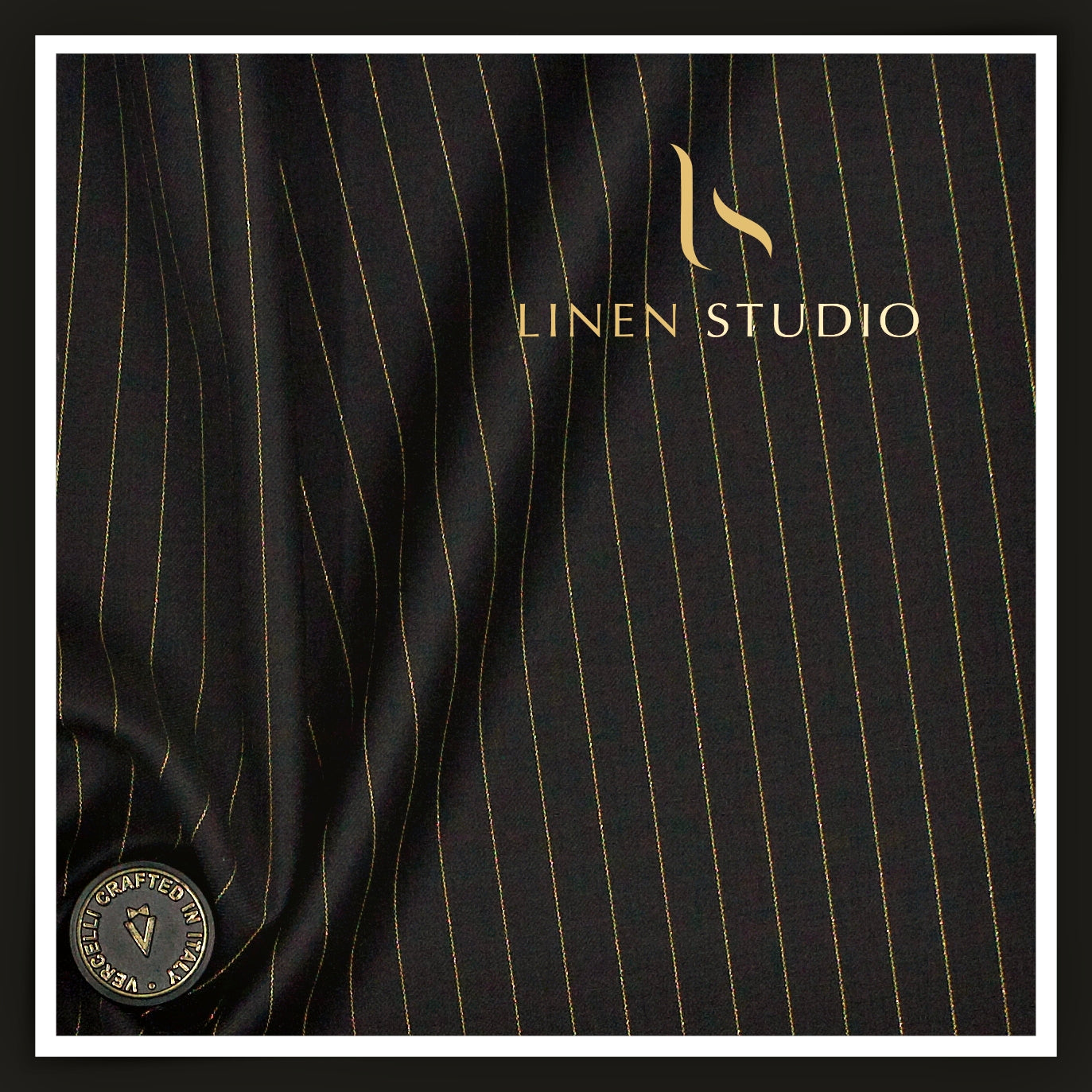 140's Australian Merino Wool Suiting by Vercelli - Golden Lurex Stripes on Jet Black (NEW) (Zoom In)