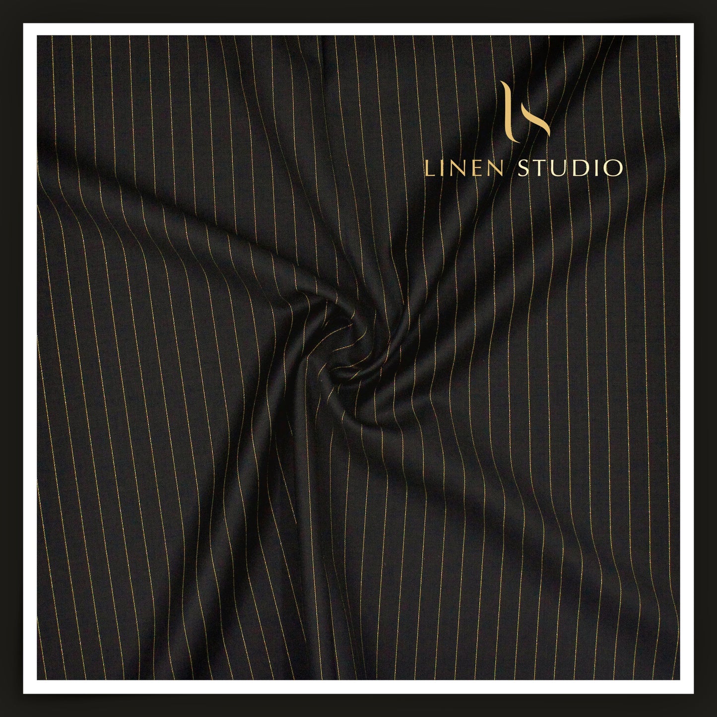 140's Australian Merino Wool Suiting by Vercelli - Golden Lurex Stripes on Jet Black (NEW) (Zoom In)