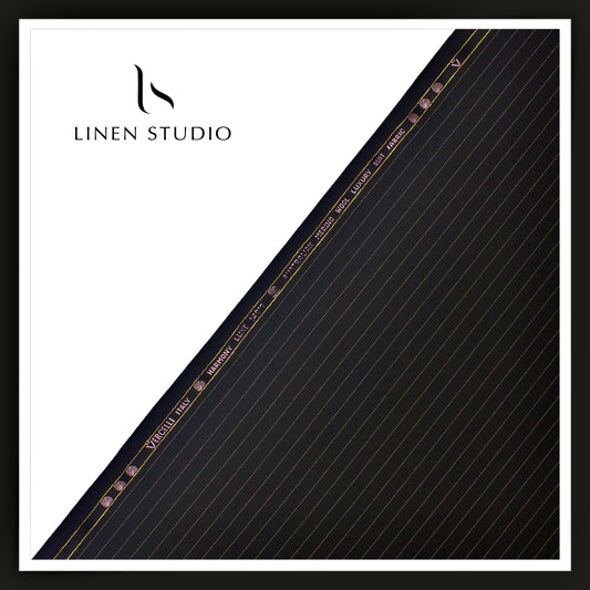 140's Australian Merino Wool Suiting by Vercelli - Golden Lurex Stripes on Jet Black (NEW) (Zoom In)