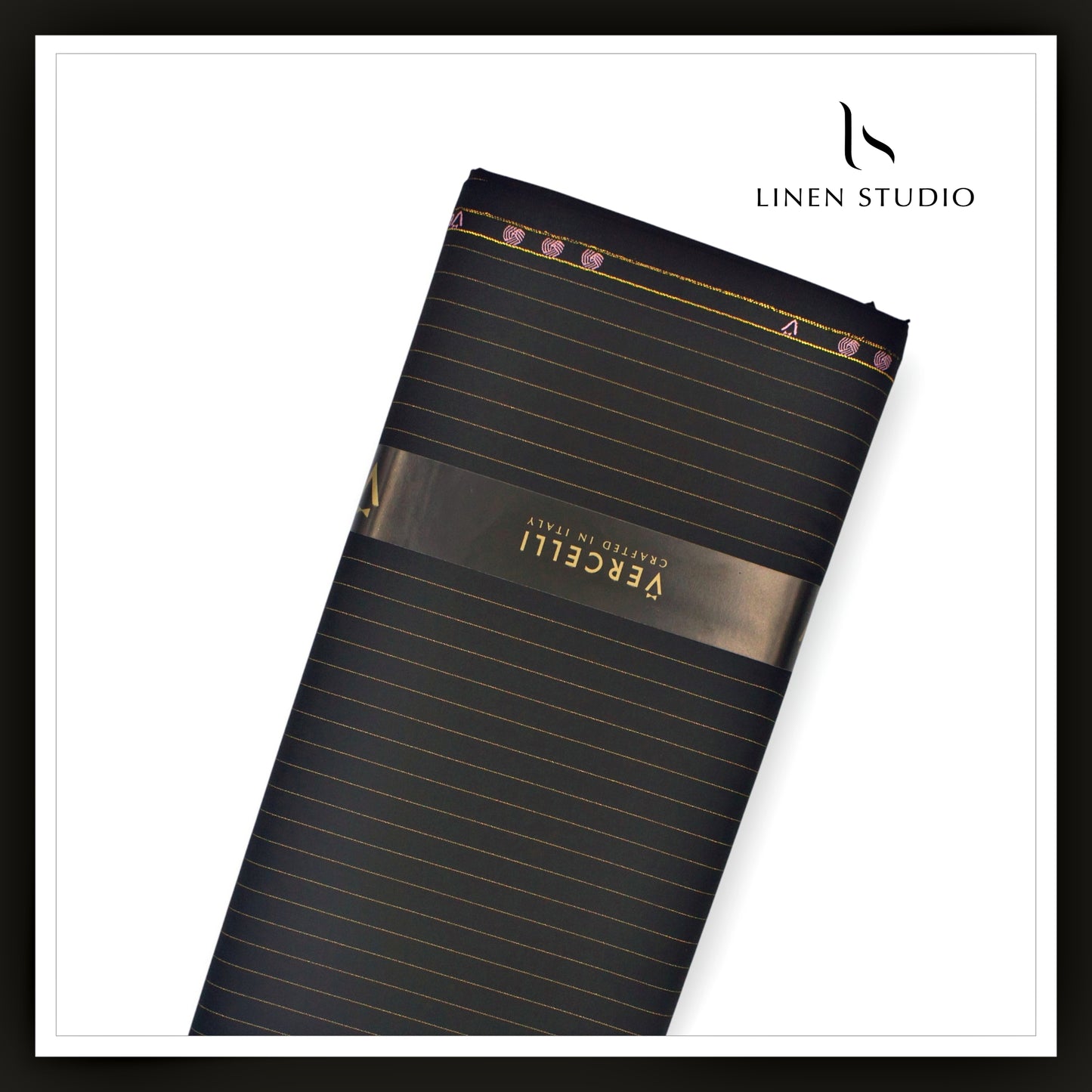 140's Australian Merino Wool Suiting by Vercelli - Golden Lurex Stripes on Jet Black (NEW) (Zoom In)