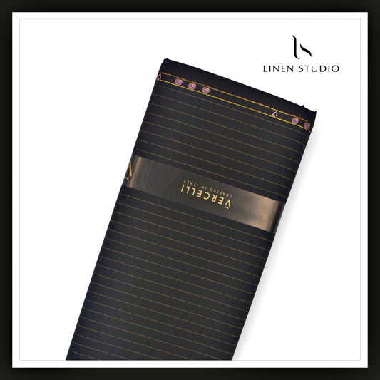 140's Australian Merino Wool Suiting by Vercelli - Golden Lurex Stripes on Jet Black (NEW) (Zoom In)