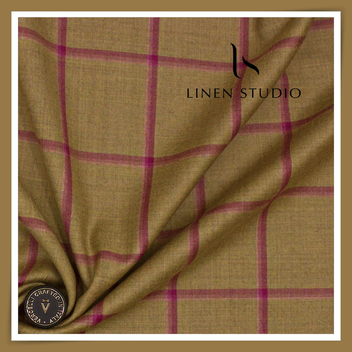 Vercelli Italy Snowdrift 120's 70% Wool Rich Milled Suiting - Olive Khaki with Magenta Windowpane Check (NEW)