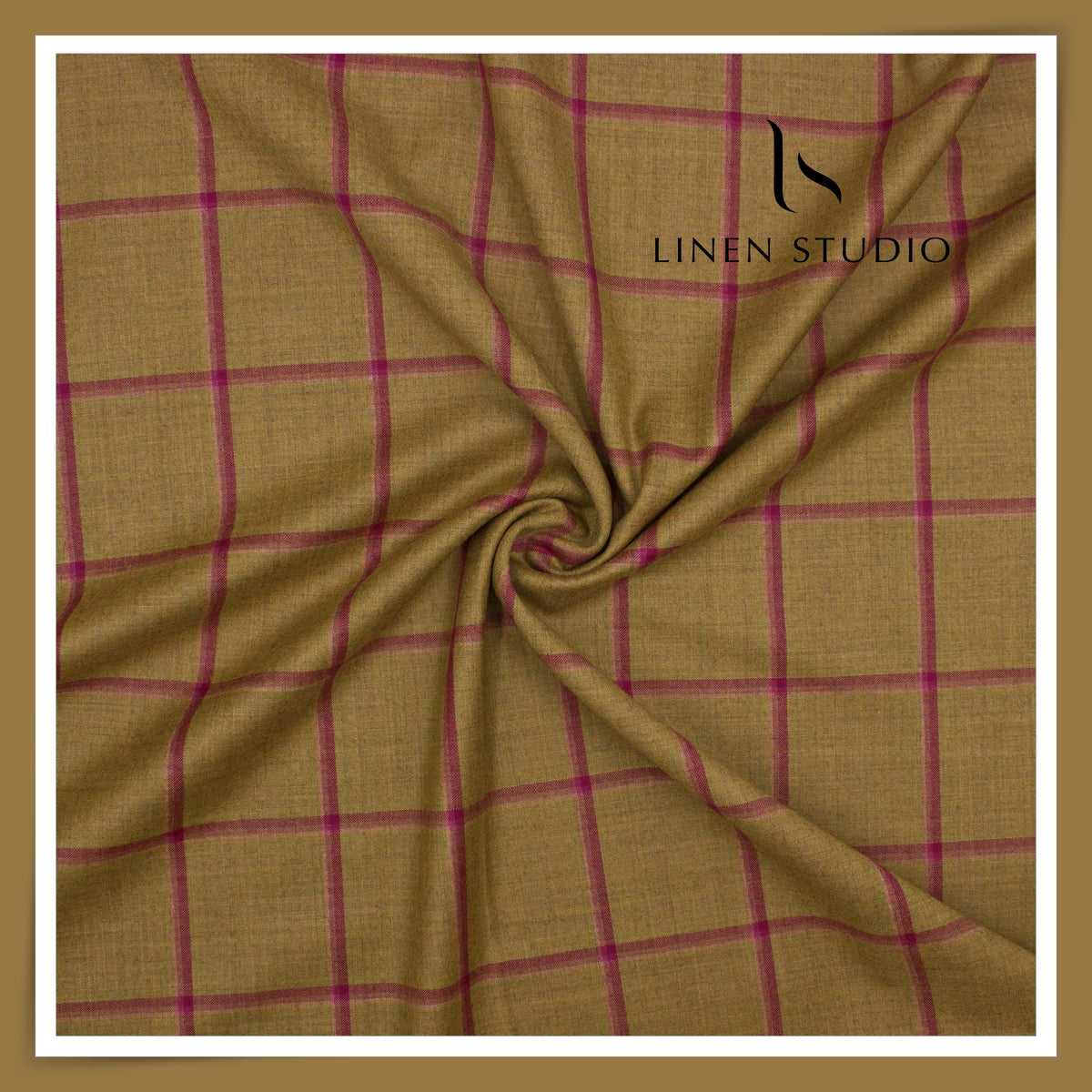 Vercelli Italy Snowdrift 120's 70% Wool Rich Milled Suiting - Olive Khaki with Magenta Windowpane Check (NEW)