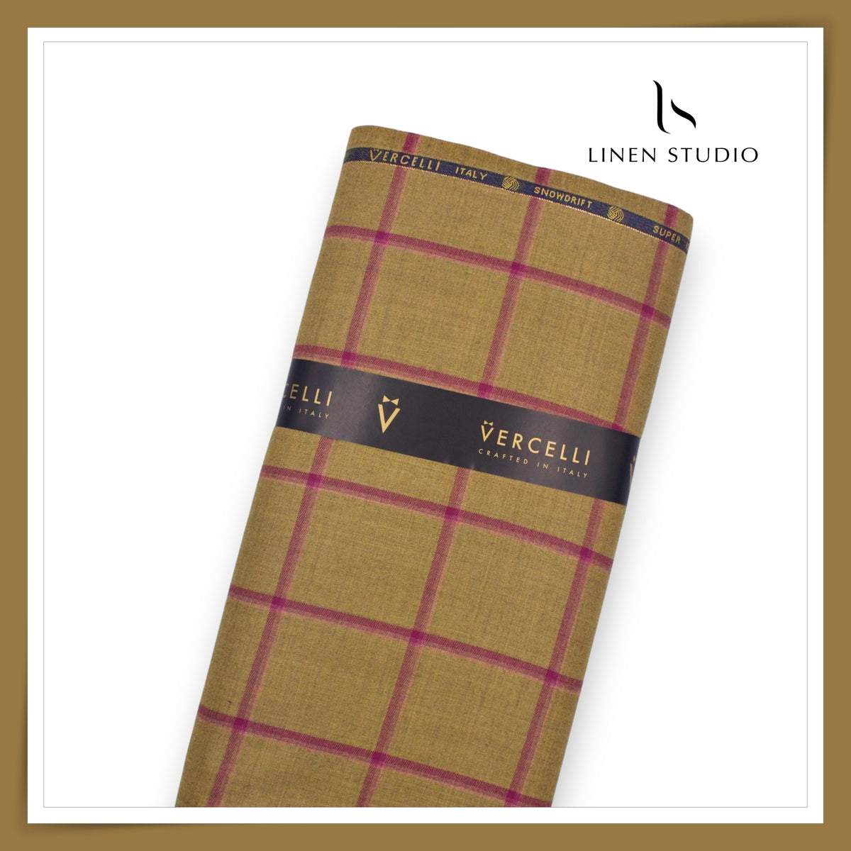 Vercelli Italy Snowdrift 120's 70% Wool Rich Milled Suiting - Olive Khaki with Magenta Windowpane Check (NEW)